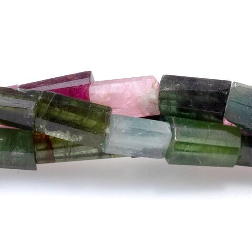 This is a Dakota Stones 4x4-8mm Tourmaline Banded Tube Gemstone strand with faceted beads in 15-16 inch strand.