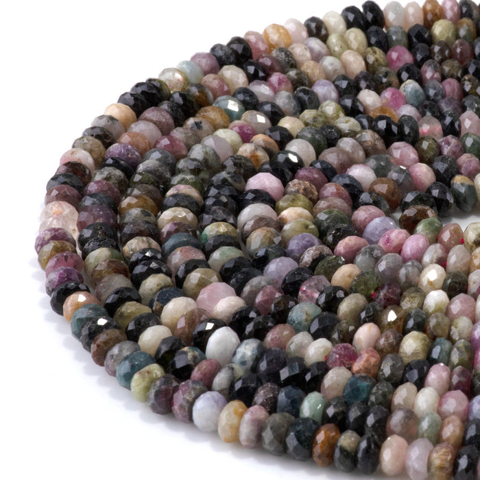 This is a Dakota Stones 4x6mm Multi Tourmaline Gemstone strand with faceted rondelle beads in 15-16 inch strand.