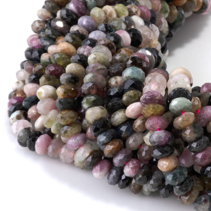 This is a Dakota Stones 4x6mm Multi Tourmaline Gemstone strand with faceted rondelle beads in 15-16 inch strand.