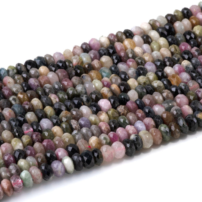 This is a Dakota Stones 4x6mm Multi Tourmaline Gemstone strand with faceted rondelle beads in 15-16 inch strand.