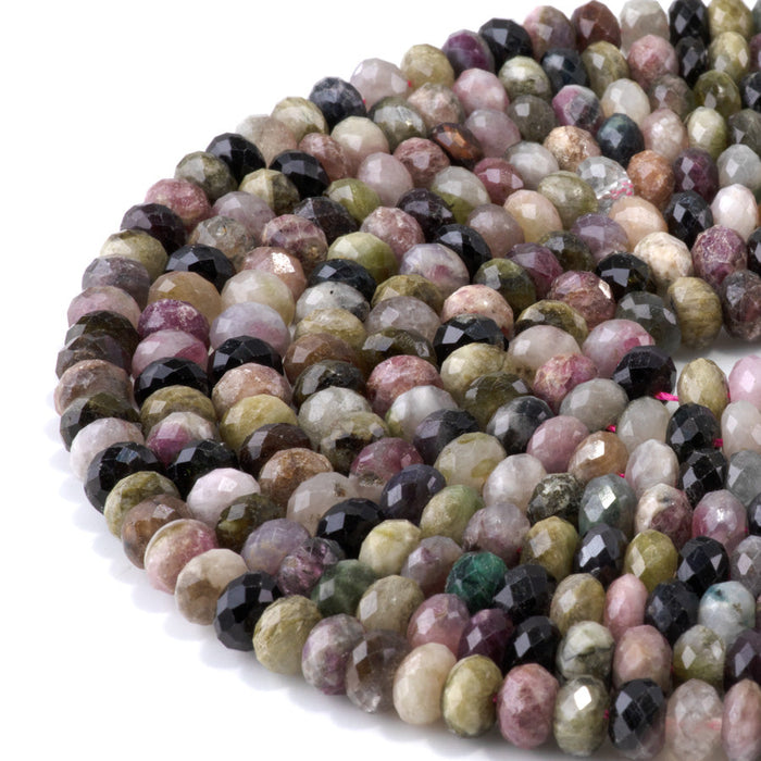 This is a Dakota Stones 5x8mm Multi Tourmaline Gemstone strand with faceted rondelle beads in 15-16 inch strand.
