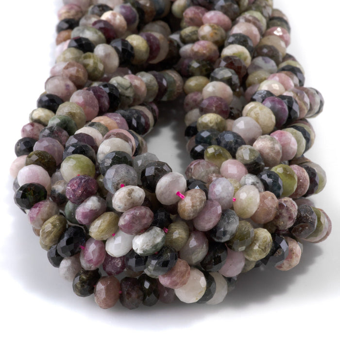 This is a Dakota Stones 5x8mm Multi Tourmaline Gemstone strand with faceted rondelle beads in 15-16 inch strand.