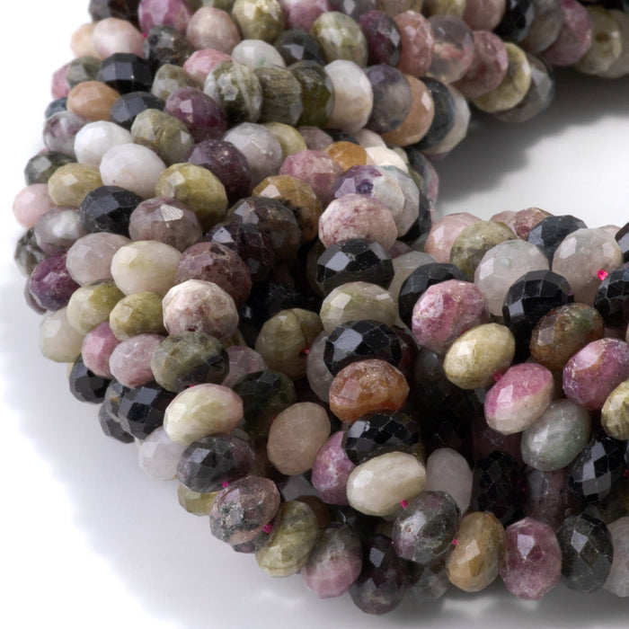 This is a Dakota Stones 5x8mm Multi Tourmaline Gemstone strand with faceted rondelle beads in 15-16 inch strand.