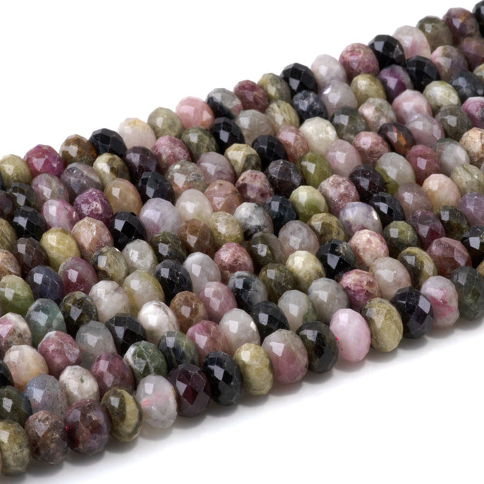 This is a Dakota Stones 5x8mm Multi Tourmaline Gemstone strand with faceted rondelle beads in 15-16 inch strand.