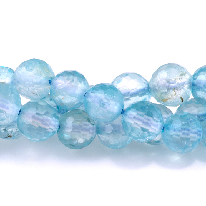 This is a Dakota Stones 6mm Blue Topaz Gemstone strand with A grade faceted round beads in 15-16 inch strand.