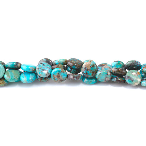 This is a Dakota Stones 10mm Hubei Turquoise Blue Geen Gemstone strand with coin beads in 15-16 inch strand.