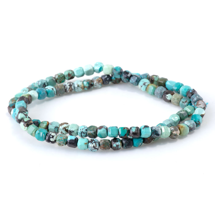 Hubei Turquoise 4mm Blue with Matrix Faceted Cube AA - 15-16 Inch