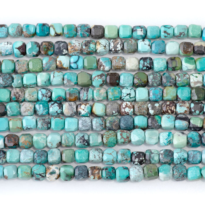 Hubei Turquoise 4mm Blue with Matrix Faceted Cube AA - 15-16 Inch