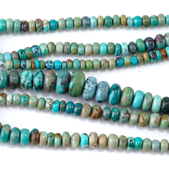 This is a Dakota Stones 4-10mm Hubei Turquoise Gemstone strand with rondelle beads in 15-16 inch strand.