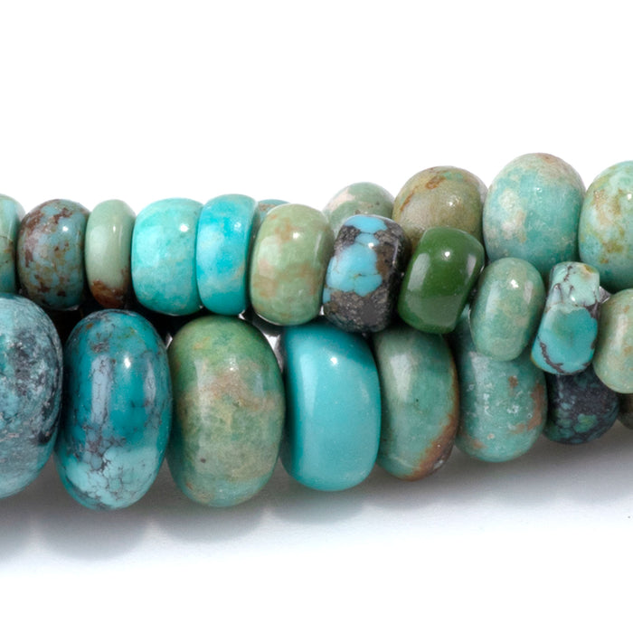 This is a Dakota Stones 4-10mm Hubei Turquoise Gemstone strand with rondelle beads in 15-16 inch strand.
