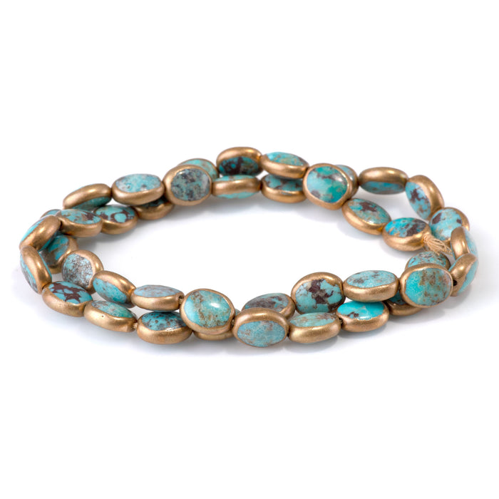 Hubei Turquoise with Copper Painted Edge Blue-Green 8x10mm Oval Bead - 15-16 Inch