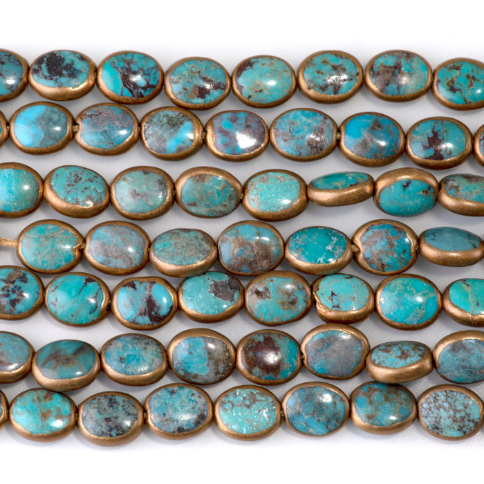 Hubei Turquoise with Copper Painted Edge Blue-Green 8x10mm Oval Bead - 15-16 Inch