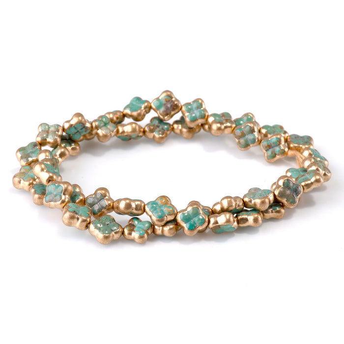 Hubei Turquoise with Copper Painted Edge 8-9mm Green Quatrefoil Bead - 15-16 Inch