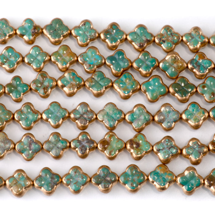 Hubei Turquoise with Copper Painted Edge 8-9mm Green Quatrefoil Bead - 15-16 Inch