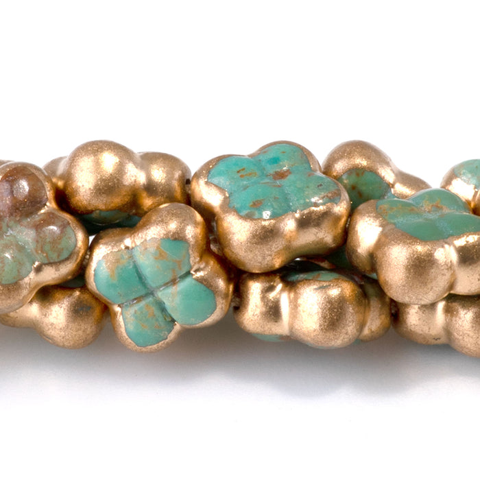 Hubei Turquoise with Copper Painted Edge 8-9mm Green Quatrefoil Bead - 15-16 Inch