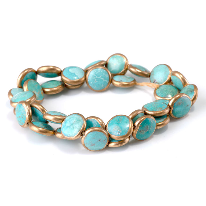 Hubei Turquoise with Copper Painted Edge 12mm Coin Bead - 15-16 Inch