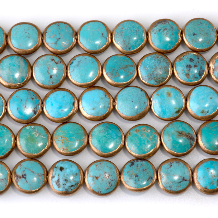 Hubei Turquoise with Copper Painted Edge 12mm Coin Bead - 15-16 Inch