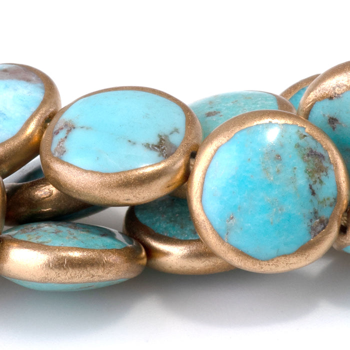 Hubei Turquoise with Copper Painted Edge 12mm Coin Bead - 15-16 Inch