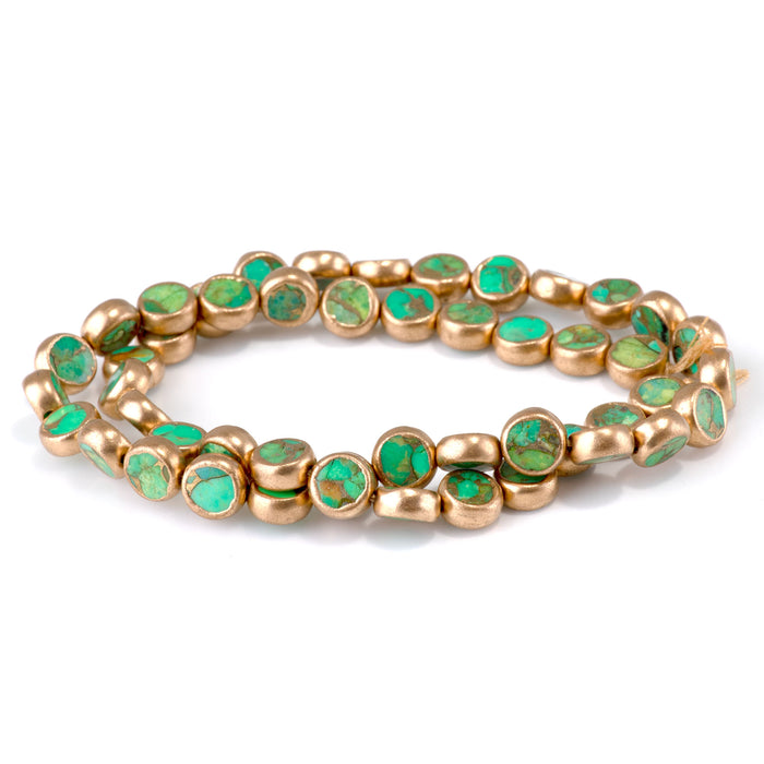 Hubei Compressed Turquoise with Copper Painted Edge 8mm Dyed Green Coin Bead - 15-16 Inch