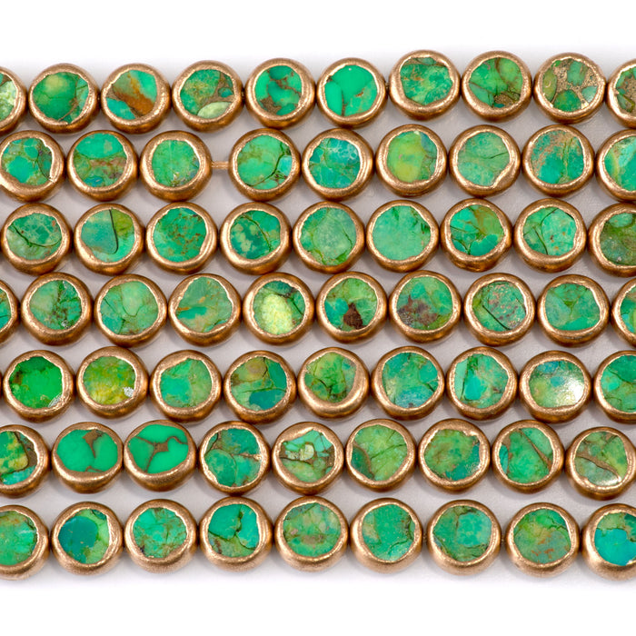 Hubei Compressed Turquoise with Copper Painted Edge 8mm Dyed Green Coin Bead - 15-16 Inch