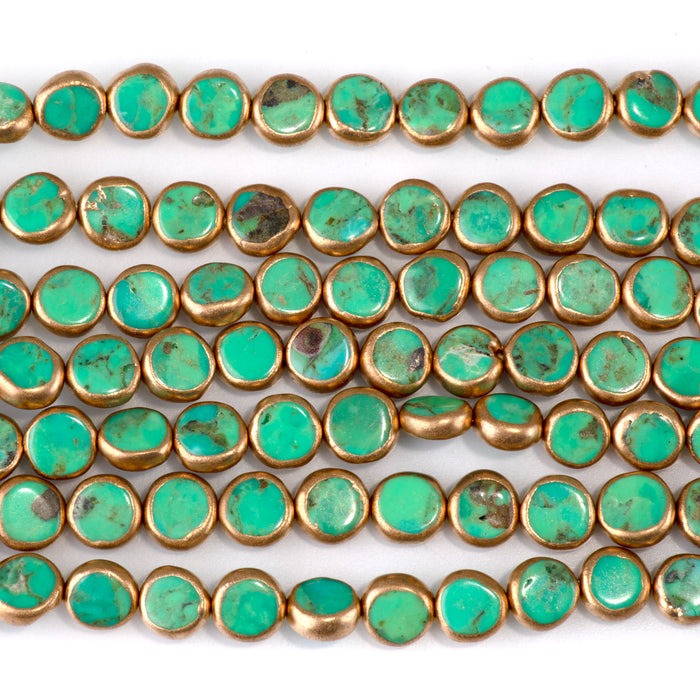 Hubei Compressed Turquoise with Copper Painted Edge 6-7mm Dyed Dark Green Coin Bead - 15-16 Inch