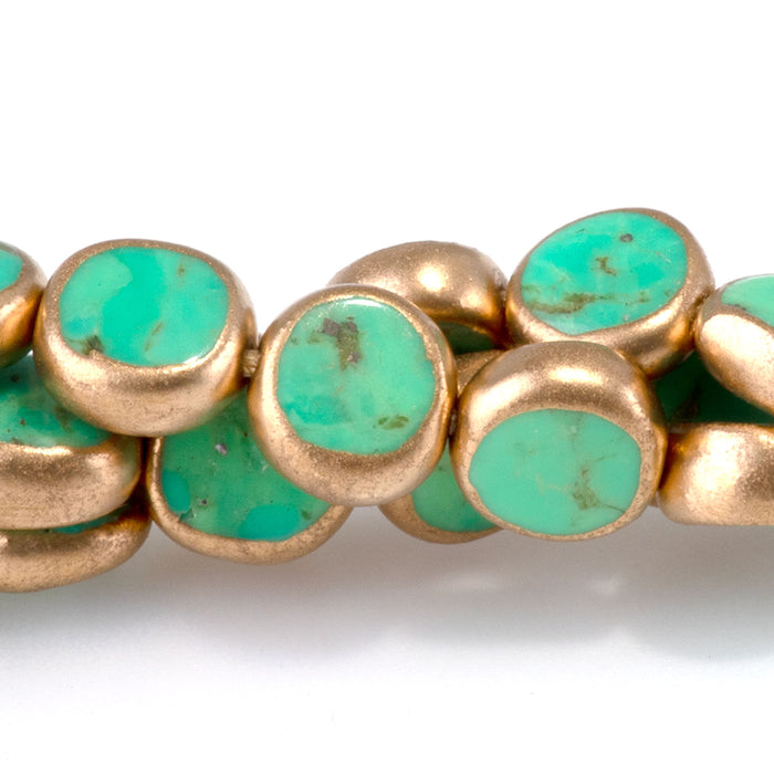 Hubei Compressed Turquoise with Copper Painted Edge 6-7mm Dyed Dark Green Coin Bead - 15-16 Inch