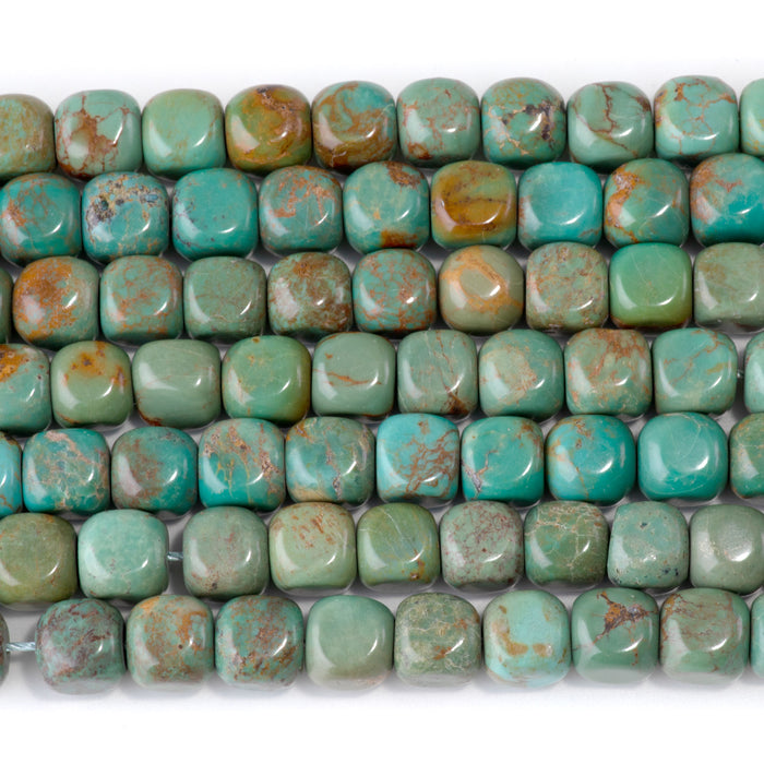 Hubei Turquoise 8x8mm Green with Brown Matrix Cube Bead - 15-16 Inch