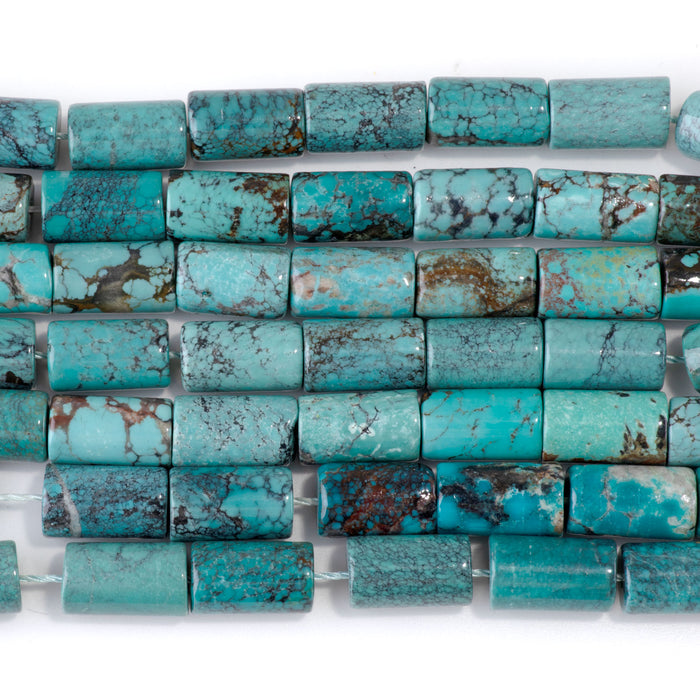 Hubei Turquoise 8x13mm Blue with Spider Web Matrix Tube Bead - 15-16 Inch