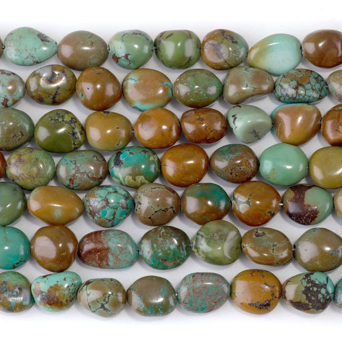 Hubei Turquoise 8-10x11-14mm Green-Brown Pebble Beads - 15-16 Inch