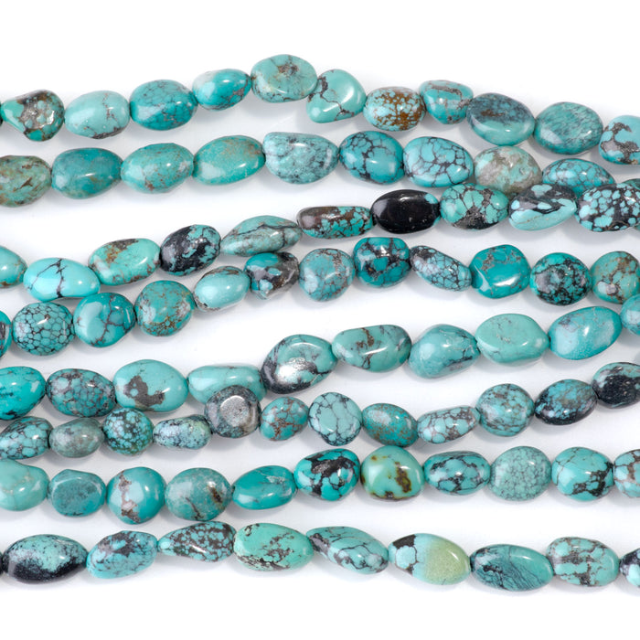 Hubei Turquoise 5-7x7-11mm Spider Web Matrix Blue-Green Pebble Beads - 15-16 Inch