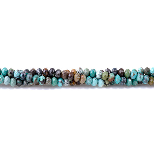 This is a Dakota Stones 4x6mm Hubei Turquoise Blue Brown Black Gemstone strand with faceted rondelle beads in 15-16 inch strand.