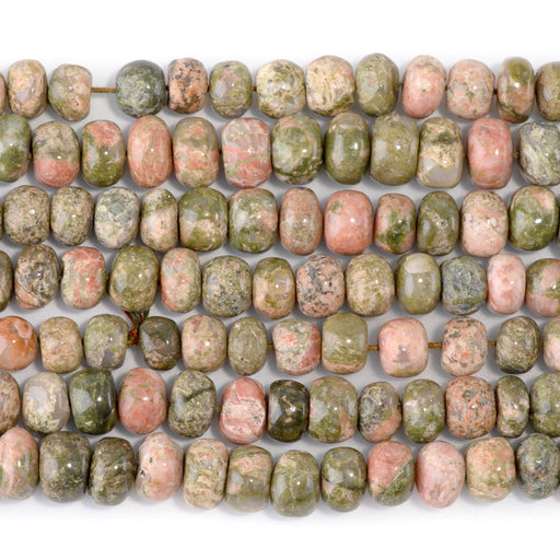 This is a Dakota Stones 5x6-6x9mm Unakite Grade Gemstone strand with irregular rondelle beads in 15-16 inch strand.