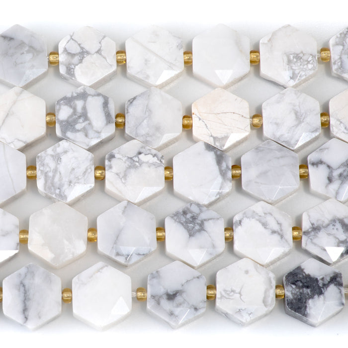 White Howlite 12x13mm Faceted Hexagon - 15-16 Inch