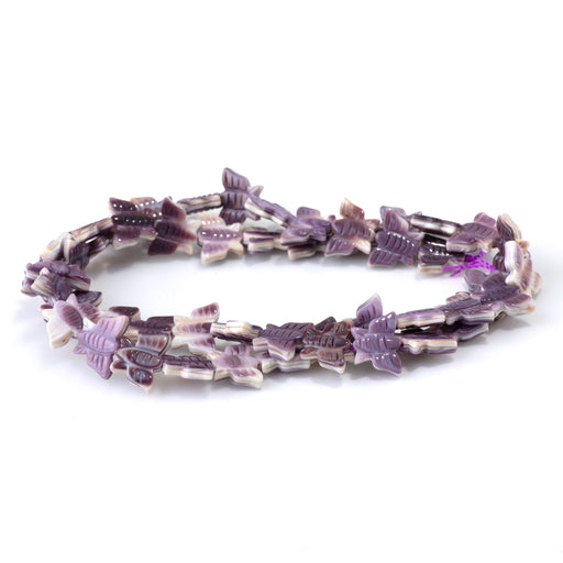 This is a Dakota Stones 8x11mm Wampum Shell Carved Butterfly Gemstone strand of round beads in 15-16 inch strand.