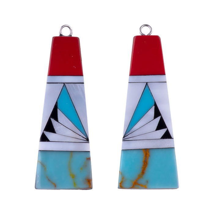 40mm Turquoise Blue, Pearl, and Coral Mosaic Pendant Pair