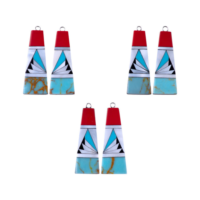 40mm Turquoise Blue, Pearl, and Coral Mosaic Pendant Pair