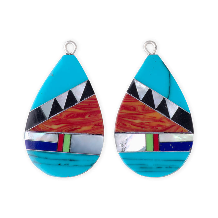 32mm Turquoise, Coral, and MOP Mosaic Drop Pendant Pair