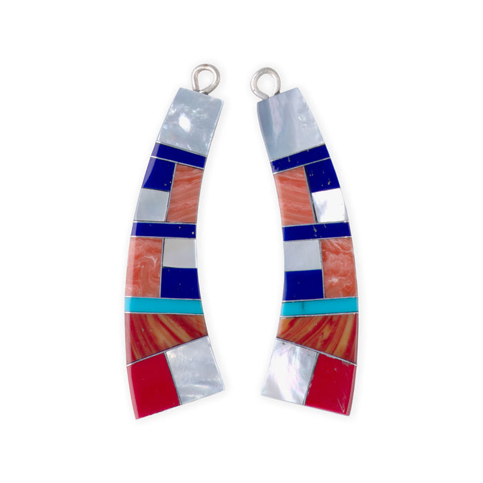 38mm Coral, MOP, and Lapis Mosaic Curved Paddle Pendant Pair