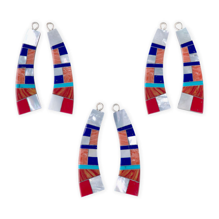 38mm Coral, MOP, and Lapis Mosaic Curved Paddle Pendant Pair