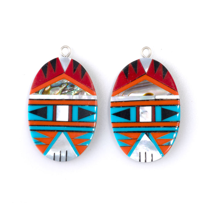 30mm Turquoise, Coral, MOP, & Abalone Oval Mosaic Pendant Pair