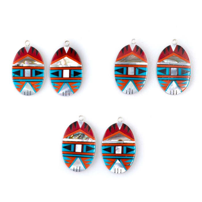 30mm Turquoise, Coral, MOP, & Abalone Oval Mosaic Pendant Pair