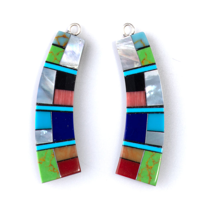 38mm Turquoise, MOP, Coral, & Lapis Mosaic Curved Paddle Pendant Pair