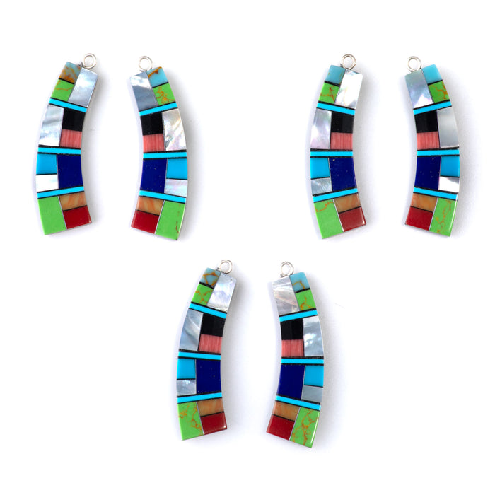 38mm Turquoise, MOP, Coral, & Lapis Mosaic Curved Paddle Pendant Pair