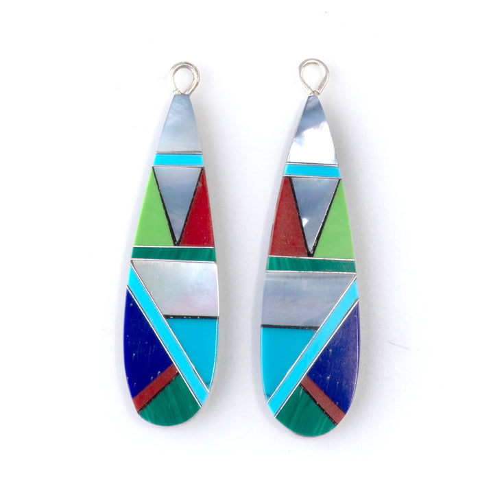 37mm Turquoise, Lapis, MOP, & Coral Mosaic Teardrop Pendant Pair