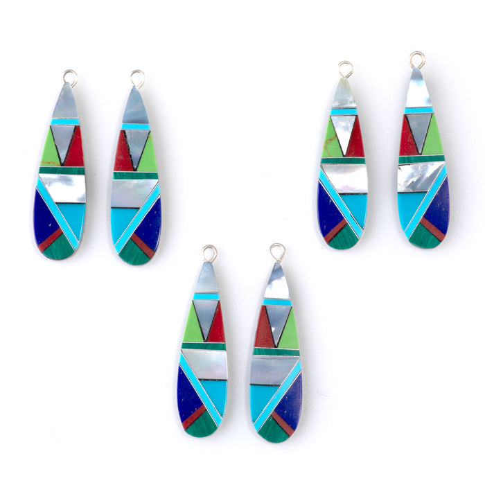 37mm Turquoise, Lapis, MOP, & Coral Mosaic Teardrop Pendant Pair