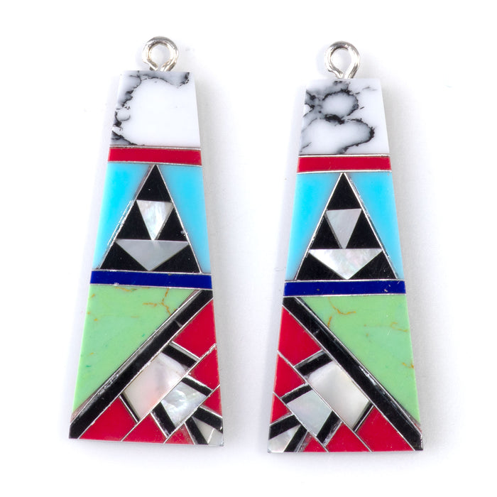 38mm Howlite, Turquoise, MOP, & Coral Mosaic Pendant Pair