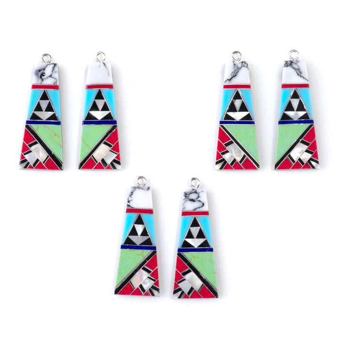 38mm Howlite, Turquoise, MOP, & Coral Mosaic Pendant Pair