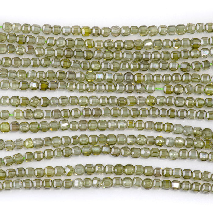 Cubic Zirconia (CZ) Light Olive 3mm Faceted Cube  - 15-16 Inch
