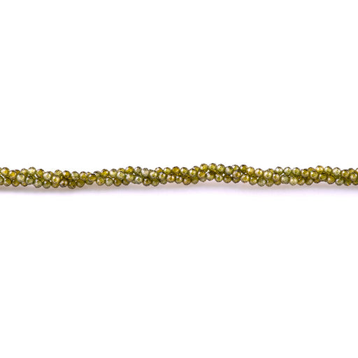 This is a Dakota Stones 3mm Zirconia Dark Olive Synthetic Gemstone strand with faceted round beads in 15-16 inch strand.
