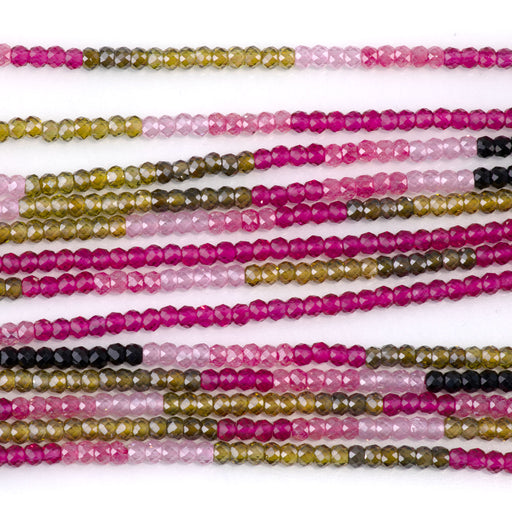 This is a Dakota Stones 2x3mm Cubic Zirconia Cz Pink Green Gemstone strand with faceted rondelle beads in 15-16 inch strand.